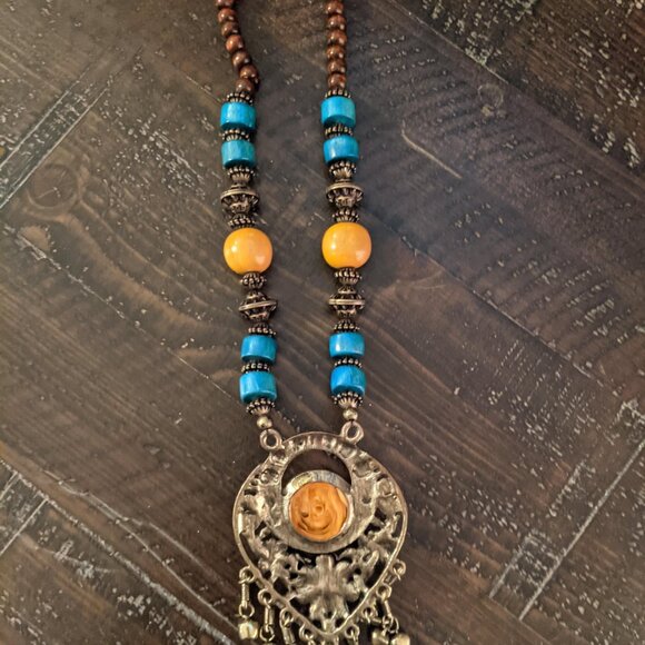 Beaded Boho Tribal Dangle Pendant Necklace Blue Wood Bells Statement Festival - Picture 6 of 6